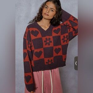 071 - New POL Charcoal/Burgundy Heart and Flower Checkerboard Patterned Sweater